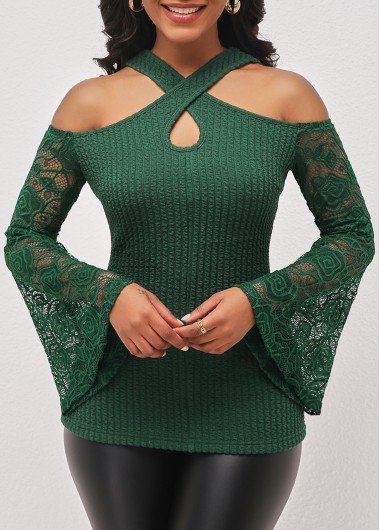 Blackish Green Cold Shoulder Lace Stitching T Shirt