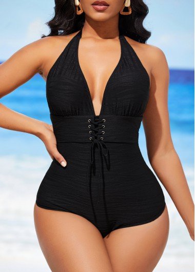 Lace Up Black Textured Halter One Piece Swimwear