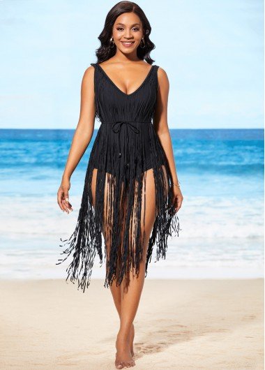 Tassel Hem Black Belted One Piece Swimwear