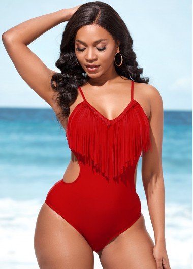 Red Tassel Spaghetti Strap One Piece Swimwear