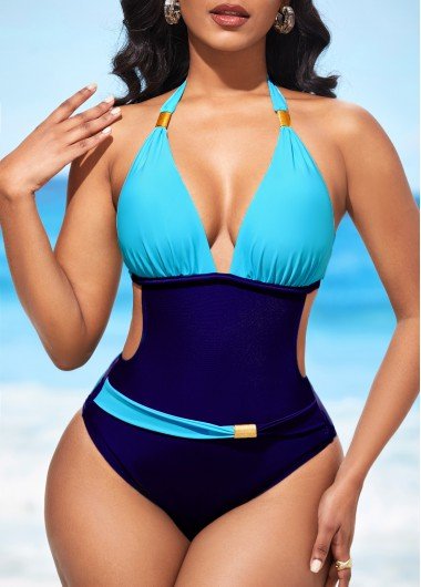 Halter Contrast Navy Blue One Piece Swimwear