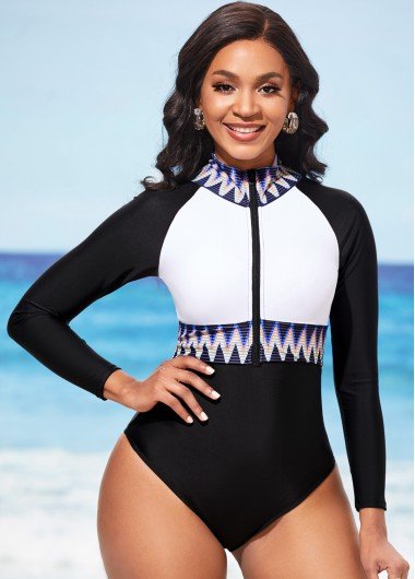 Quarter Zip Long Sleeve Chevron Print One Piece Swimwear