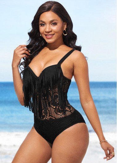 Lace Patchwork Black Tassel One Piece Swimwear