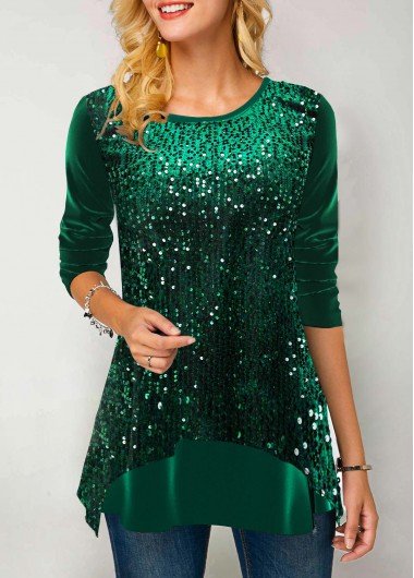 Sequin Velvet Stitching Green Round Neck Sweatshirt