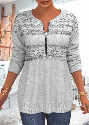 Lace Patchwork Sequin Grey Quarter Zip Sweatshirt