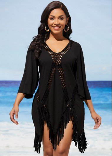 Tassel Black Asymmetric Hem Hollow Out Cover Up