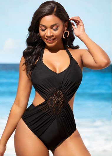 Lace Stitching Black Tie Back One Piece Swimwear