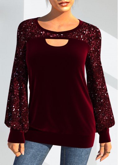 Sequin Cutout Detail Wine Red Lantern Sleeve Sweatshirt