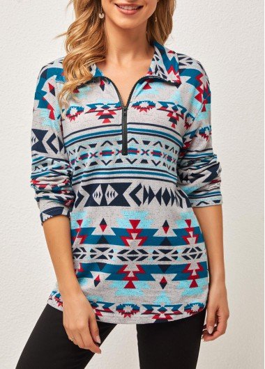 Tribal Print Multi Color Quarter Zip Tunic Top