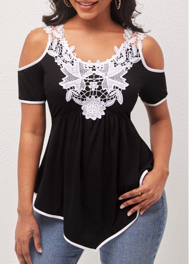 Lace Patchwork Black Cold Shoulder T Shirt