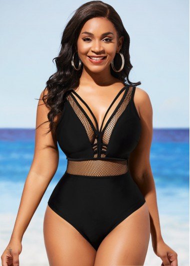 Black Sheer Fishnet Panel One Piece Swimwear