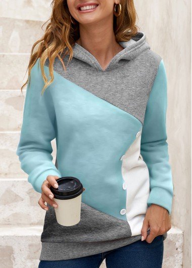 Light Blue Decorative Button Contrast Long Sleeve Hoodie