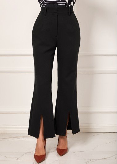 Front Slit Black High Waist Flare Pants