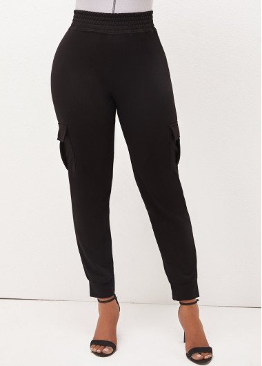 High Waist Pockets Black Elastic Detail Pants