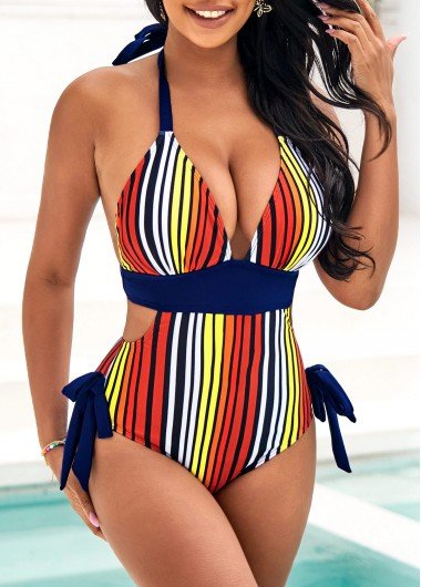 Striped Bowknot Side Halter One Piece Swimwear