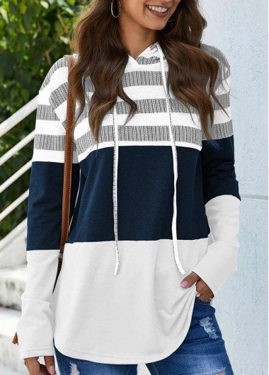 Drawstring Stripe Print Long Sleeve White Hoodie