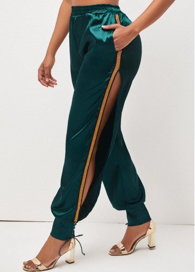 Dark Green Lace Up Side Slit Pants