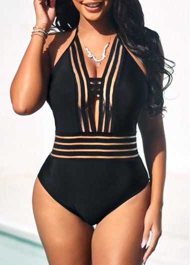 Black Mesh Stitching Tie Back One Piece Swimwear