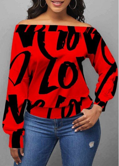 Valentines Letter Print Red Skew Neck Long Sleeve Sweatshirt