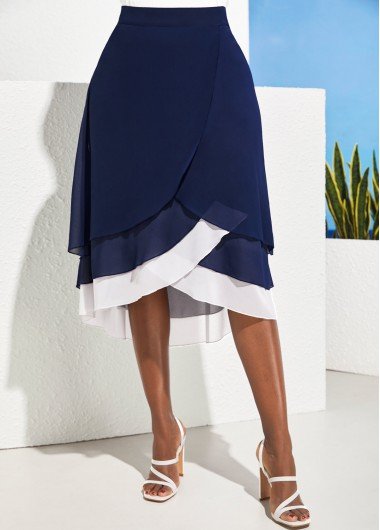 Layered Hem High Waisted Navy Blue Skirt