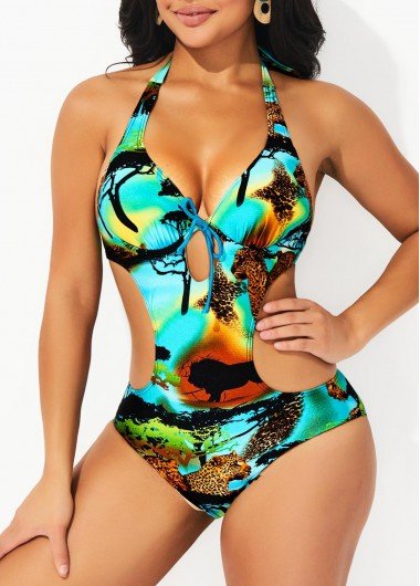 Halter Animal Prints Multi Color One Piece Swimwear