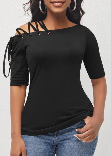 Black Skew Neck Lace Up T Shirt