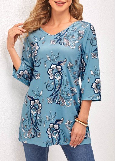 Floral Print V Neck Dusty Blue T Shirt