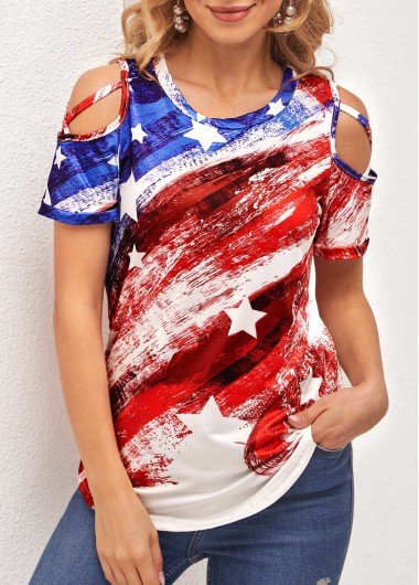 American Flag Multi Color Cold Shoulder T Shirt