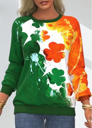 Patricks Day Four Leaf Clover Color Block Sweatshirt