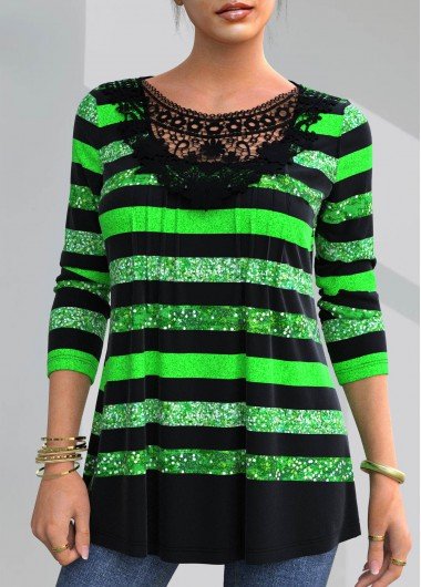 Lace Patchwork Striped Patricks Day Black T Shirt