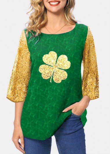 Patricks Day Four Leaf Clover Green Contrast T Shirt