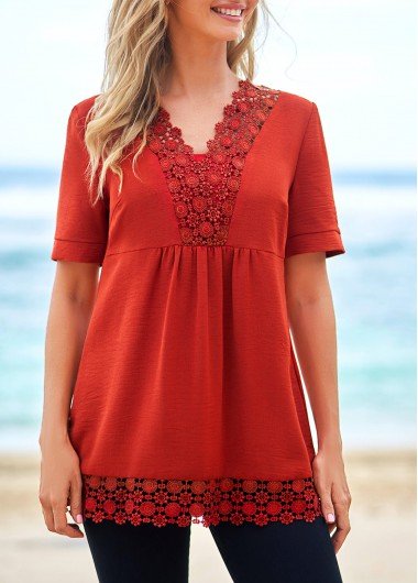 Lace Patchwork Short Sleeve Rust Red T Shirt