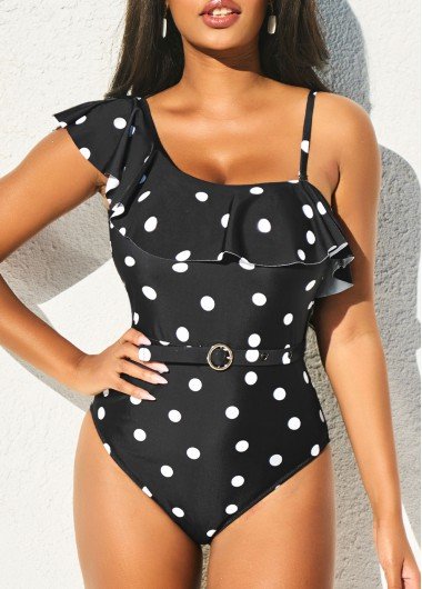 Polka Dot Black Flounce Asymmetric Design One Piece Swimwear