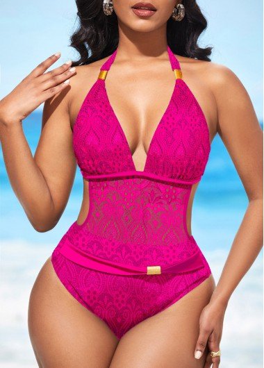 Halter Lace Sheer Rose Red One Piece Swimwear