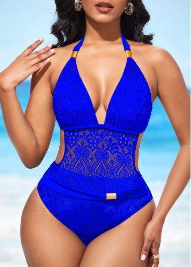 Halter Sheer Lace Royal Blue One Piece Swimwear