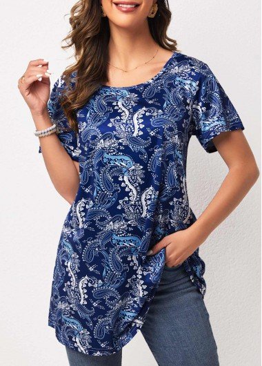 Round Neck Paisley Print Blue T Shirt