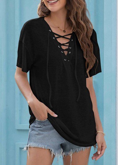 Lace Up Black V Neck Short Sleeve T Shirt