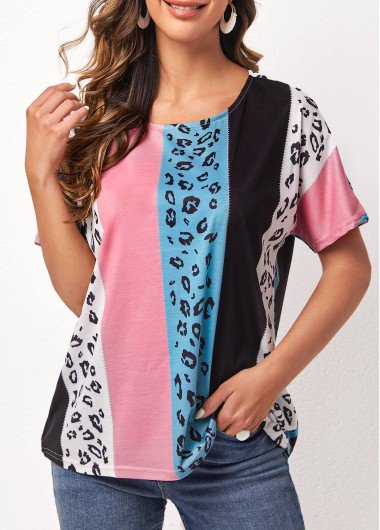 Leopard Round Neck Color Block T Shirt