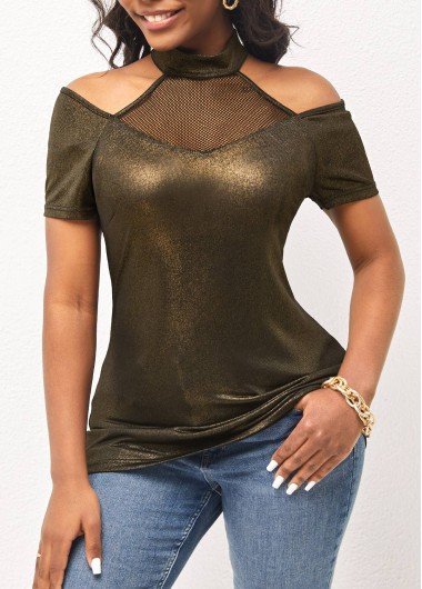 Cold Shoulder Mock Neck Gold Brown T Shirt