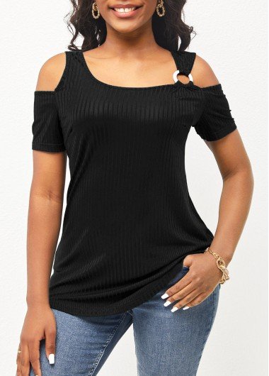 Cold Shoulder Ring Detail Black T Shirt