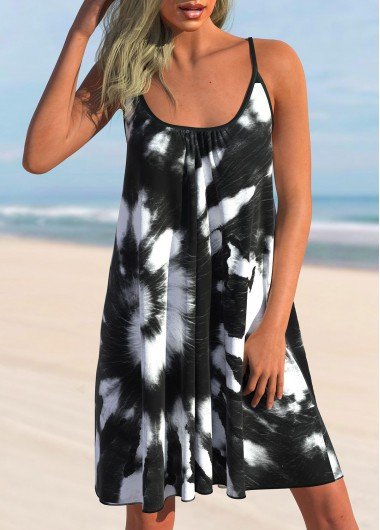 Black Tie Dye Print Spaghetti Strap Cover Up