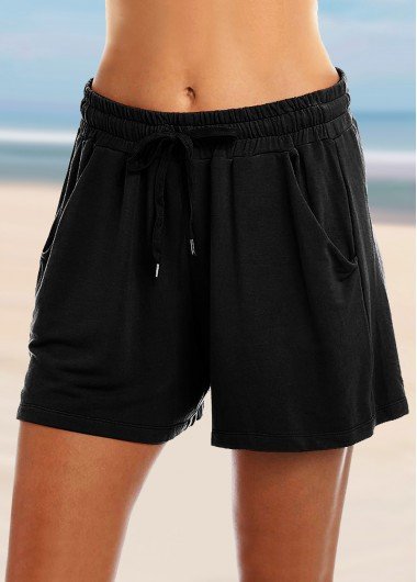 Mid Waist Black Drawstring Detail Loose Shorts