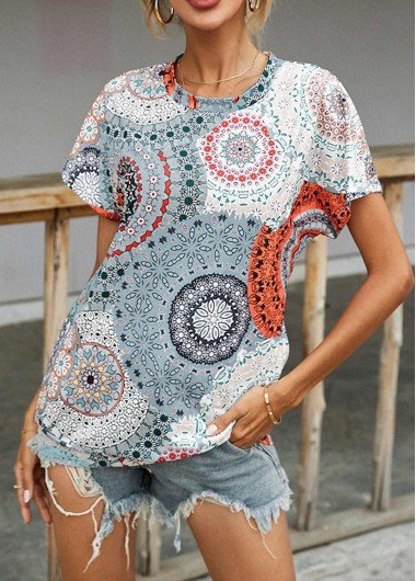 Tribal Print Round Neck Grey Short Sleeve T Shirt