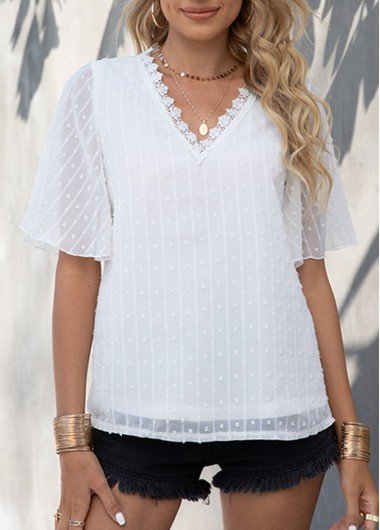 Lace Patchwork White Textured V Neck T Shirt