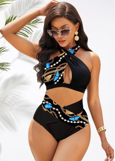 Multi Color Butterfly Print High Waisted Bikini Set