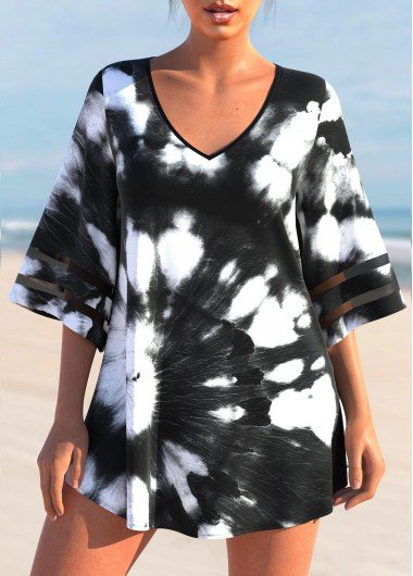 V Neck Tie Dye Print Black Cover Up