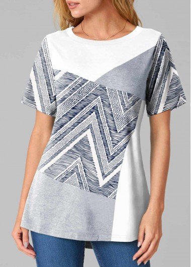 Contrast Round Neck Chevron Print Grey T Shirt