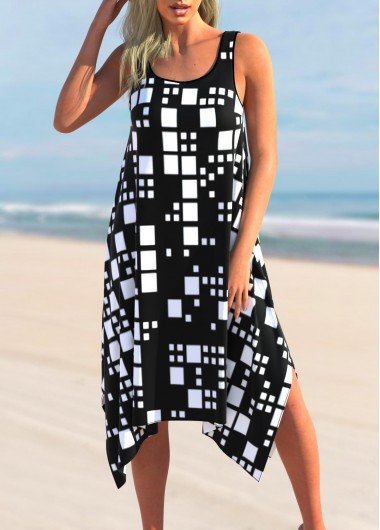 Geometric Print Color Block Asymmetric Hem Cover Up Dress