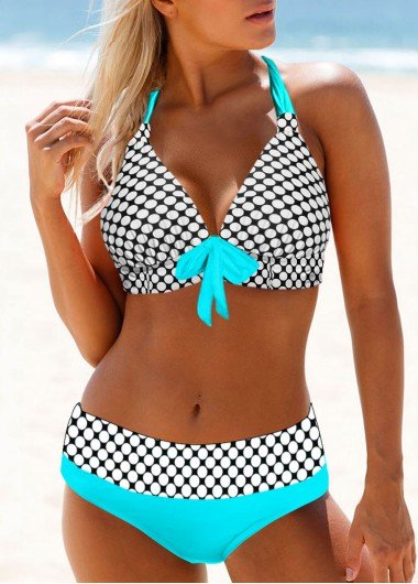 Polka Dot Cyan Halter Mid Waist Bikini Set