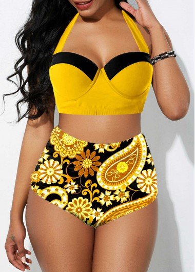 High Waisted Paisley Print Yellow Bikini Set